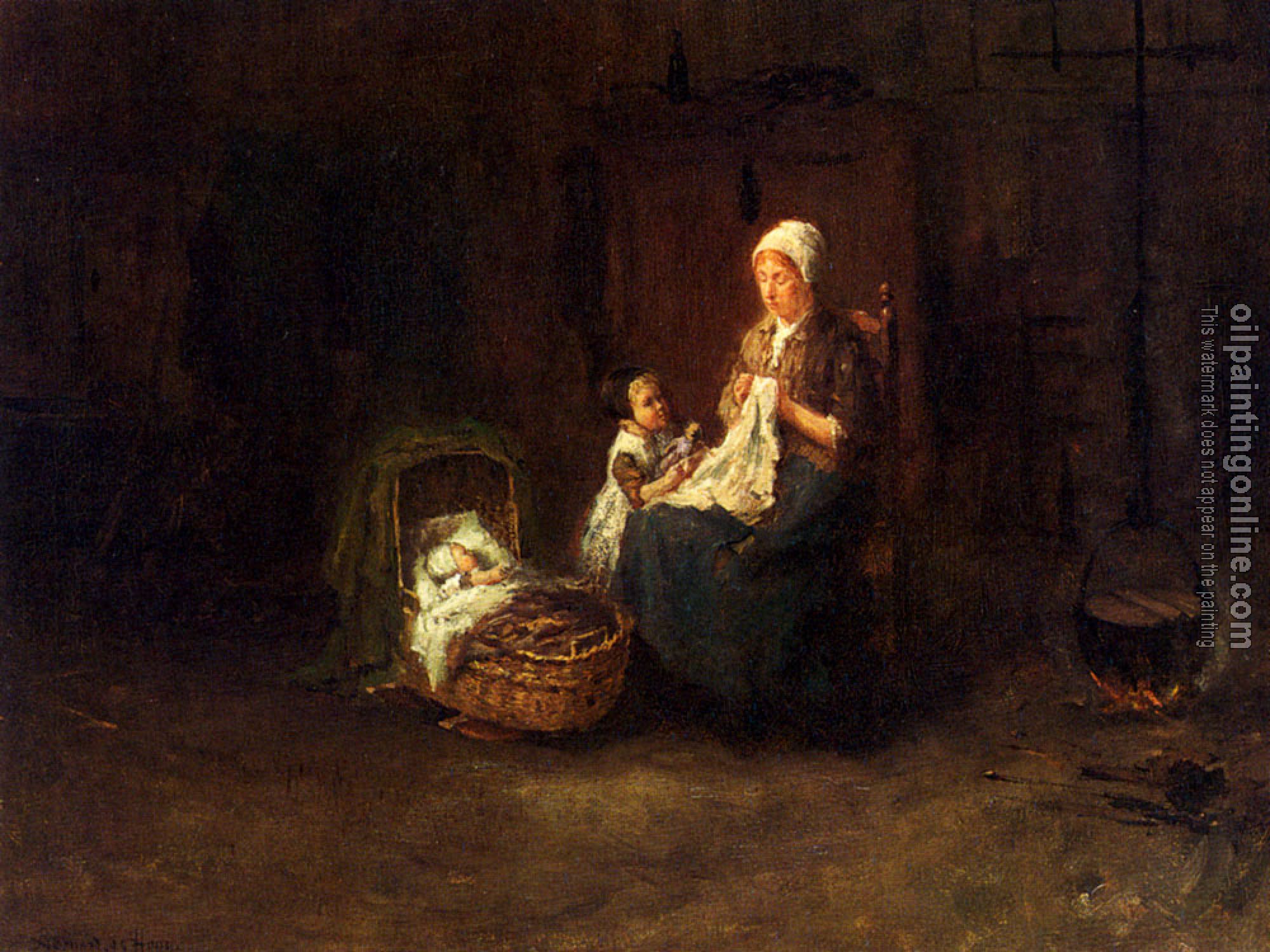Bernard de Hoog - A Mother And Her Children In An Interior